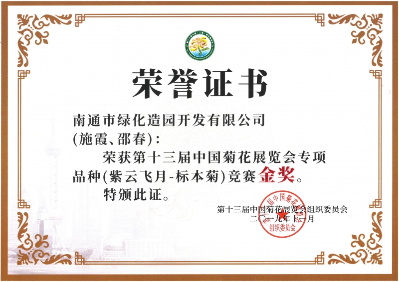十三屆中國菊花展覽會專項品種（紫云飛月-標本菊）競賽金獎（施霞、邵春）